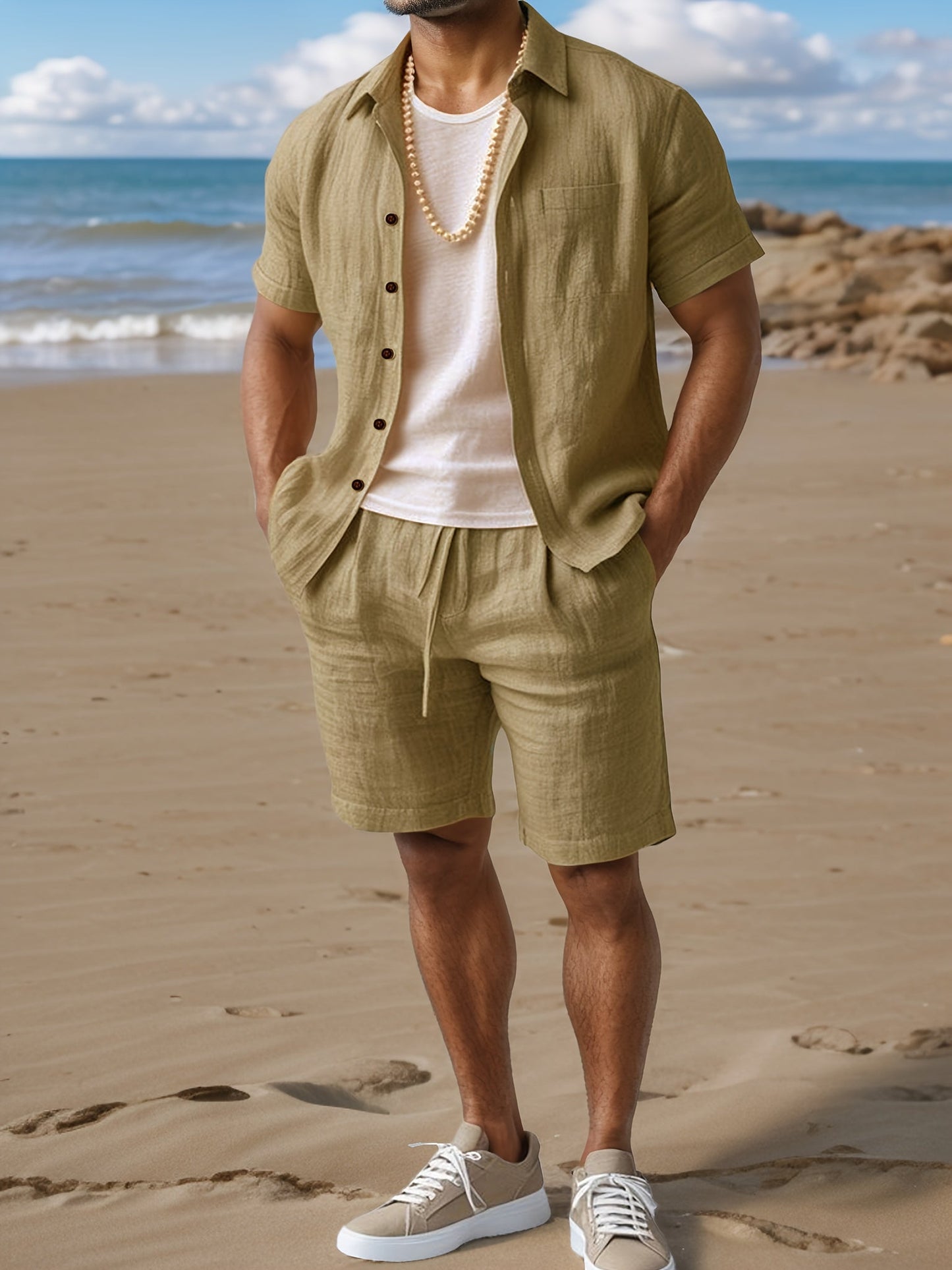 Herrset med kortärmad skjorta och shorts för strand och sommar – Boho-stil