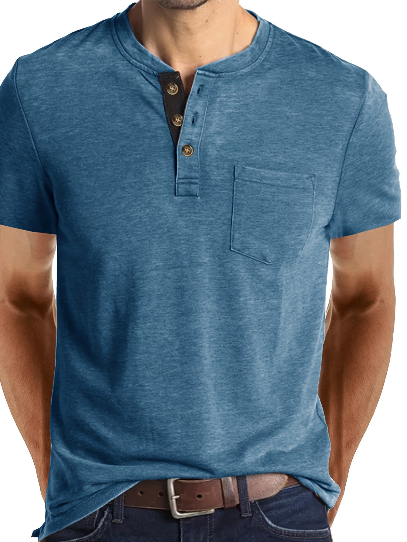 Herr T-shirt med knappslå och bröstficka – Casual stil för vardag och fritid