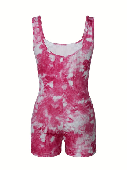 Dam Kort Jumpsuit i Trendig Tie-Dye Stil – Sommarens Perfekta Enstycksdräkt för Fritid och Semester