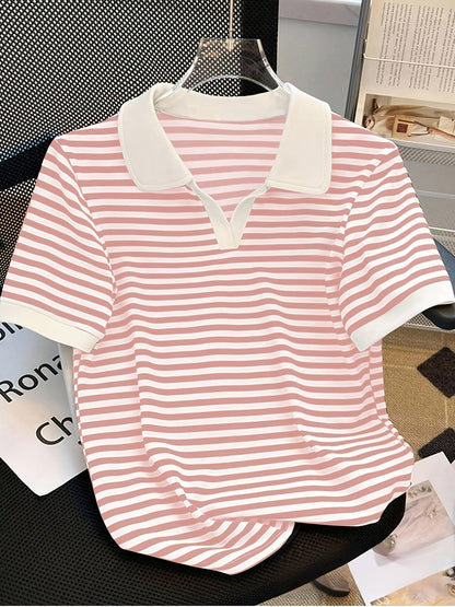 Damers Preppy Randig Pikétröja med Krage – Kortärmad, Vardagsstil, Smart Casual