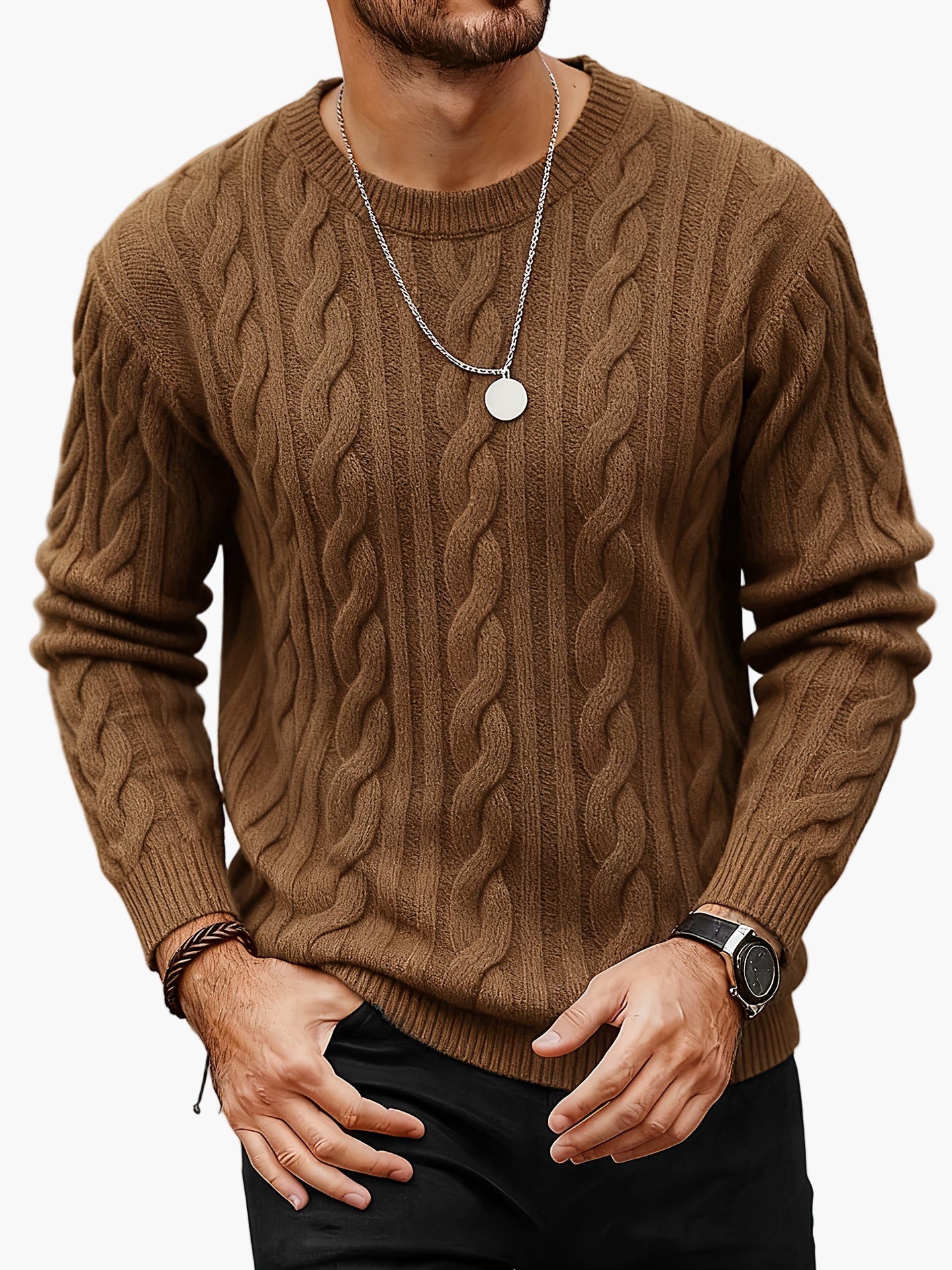 Herr Stickad Kabelmönstrad Tröja – Modern och Varm för Höst och Vinter, Casual Stil