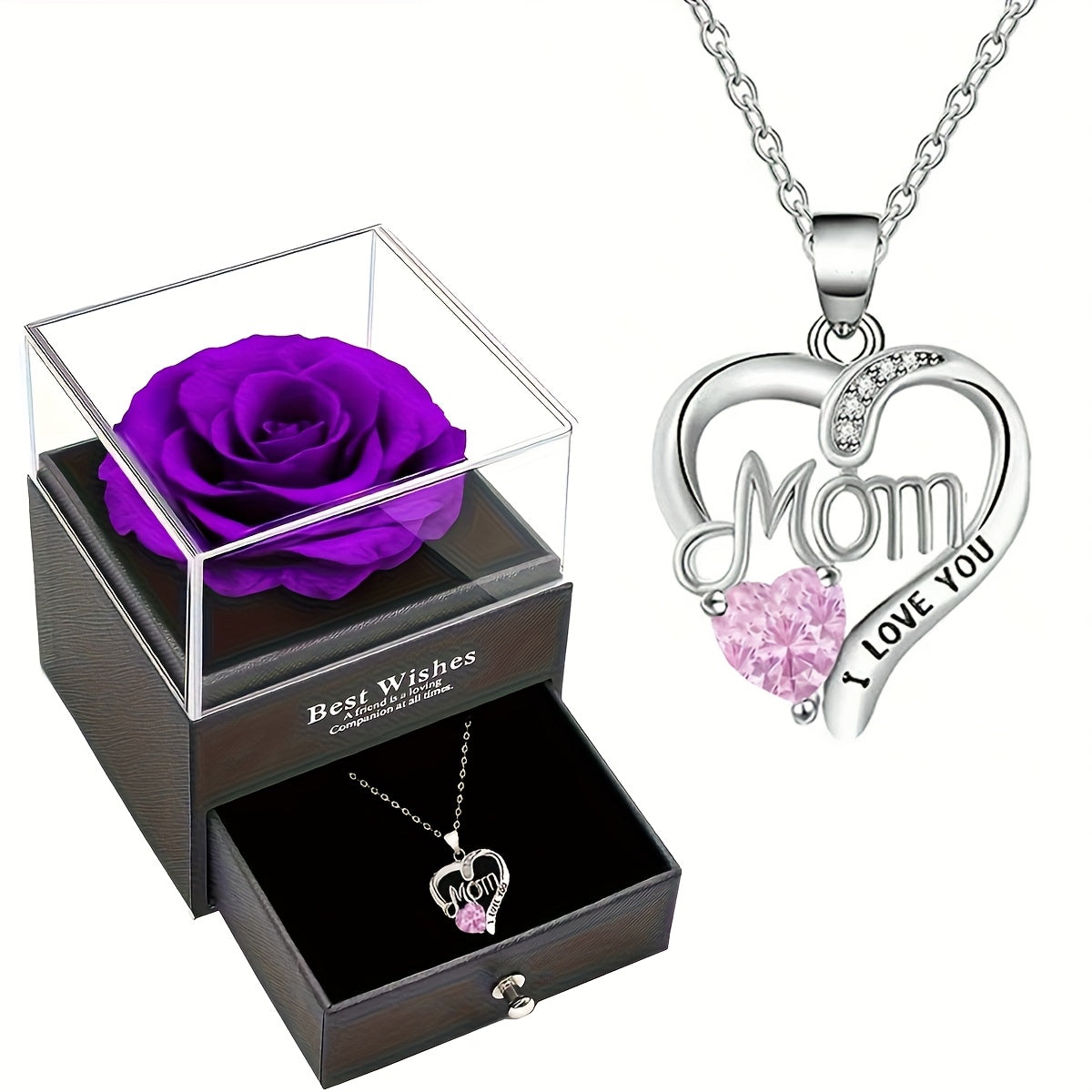 Smyckeset för Dam – Halsband med Hjärtformat 'Mom I Love You'-Hänge och Evighetsros i Presentask – Perfekt Gåva till Mamma