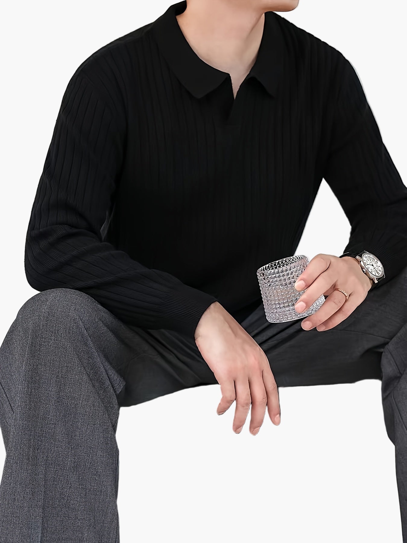 Herrstickad Ribbad Pikétröja – Modern Casual Stil för Höst och Vinter