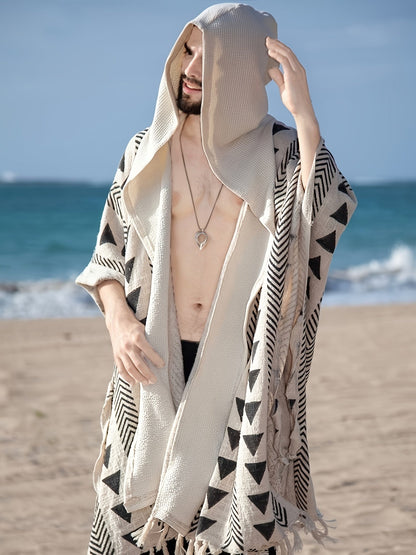 Herr Poncho Strand Kaftan med Geometriskt Mönster och Huvud – Bohemisk Festivalstil
