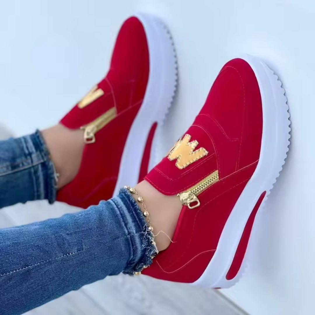 Sportiga Kvinnosneakers med Platåsula och Guldfärgade Dragkedjor – Sommar