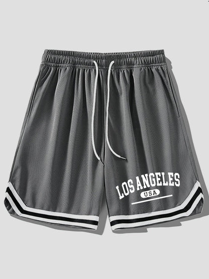 Herr Sportiga Basketshorts med Los Angeles-tryck, Löst Passform, Perfekt för Träning och Fritid