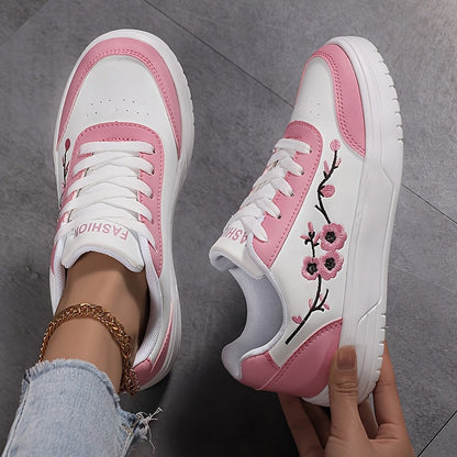 Dam Sneakers Elegant Stil Vardagsskor med Broderade Blommor och Snörning