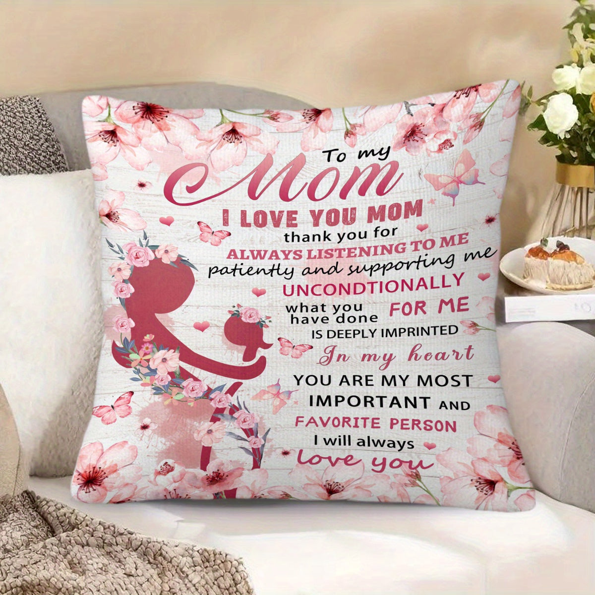 Dekorativ prydnadskudde med morsdagsbudskap – För kvinnor – Perfekt present till mamma – Modern stil för hemmet