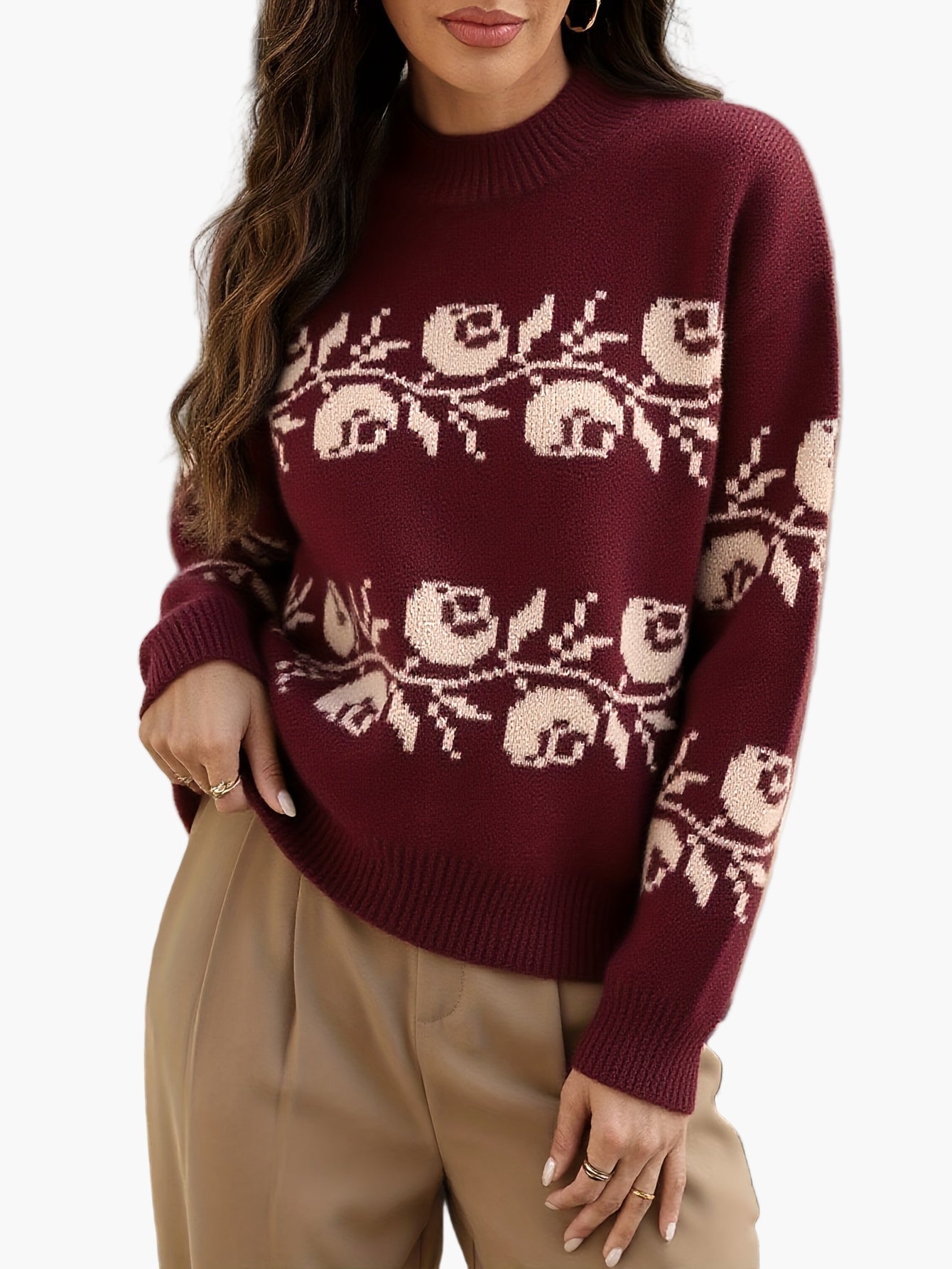Damtröja Elegant Blommig Jacquard Stickad Pullover för Höst/Vinter