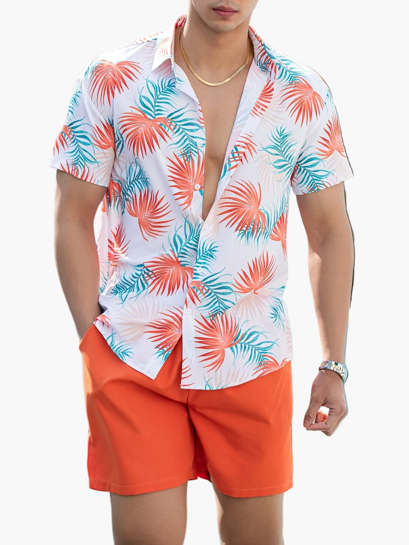 Herrset med kortärmad skjorta och shorts – trendigt semester- och strandmode