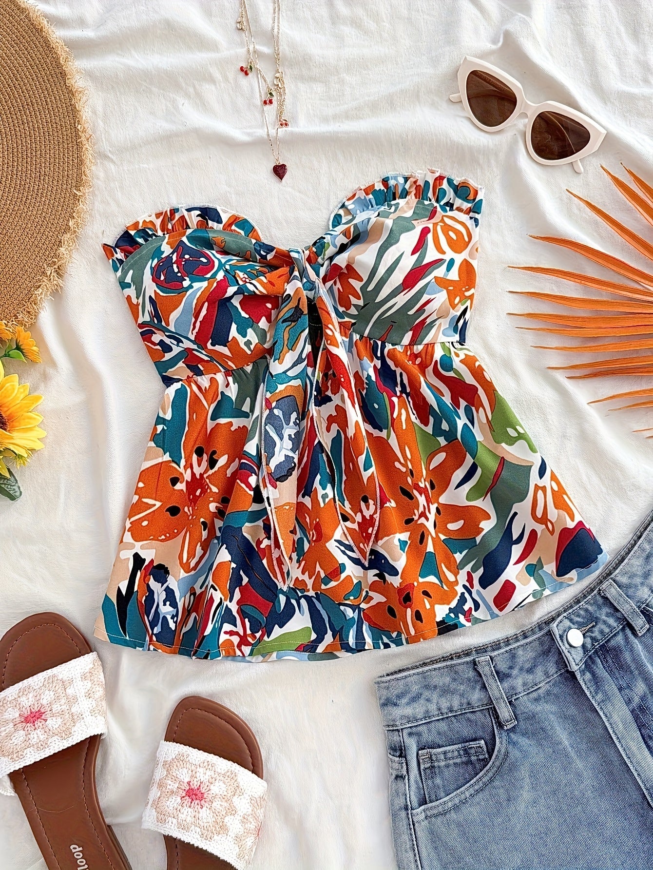 Dam Bandeau Knuten Kort Top – Somrig Blommig Design för Semester & Strand