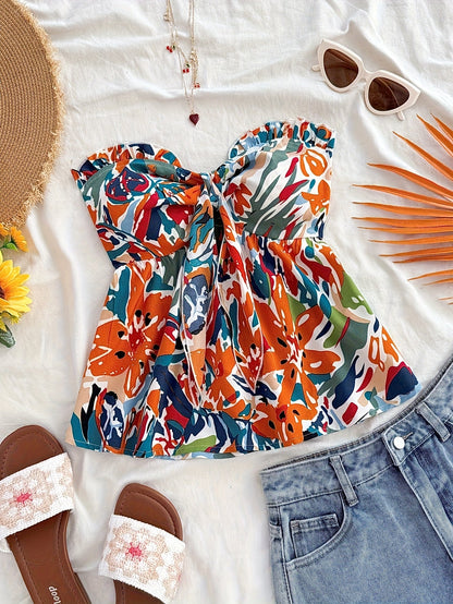Dam Bandeau Knuten Kort Top – Somrig Blommig Design för Semester & Strand