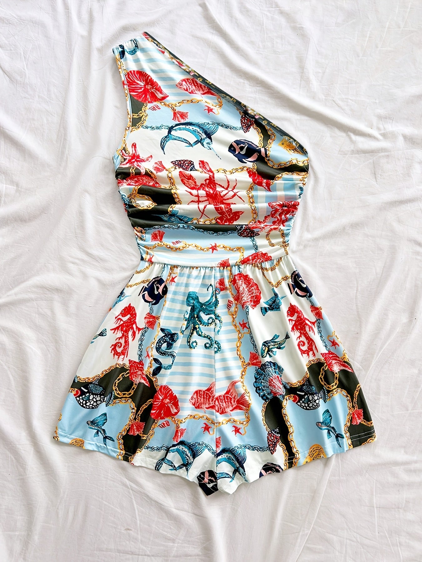 Dam Playsuit med Tropiskt Mönster och Asymmetrisk Enaxlad Design – Sommar, Fest och Semester