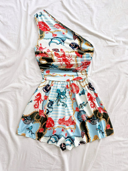Dam Playsuit med Tropiskt Mönster och Asymmetrisk Enaxlad Design – Sommar, Fest och Semester