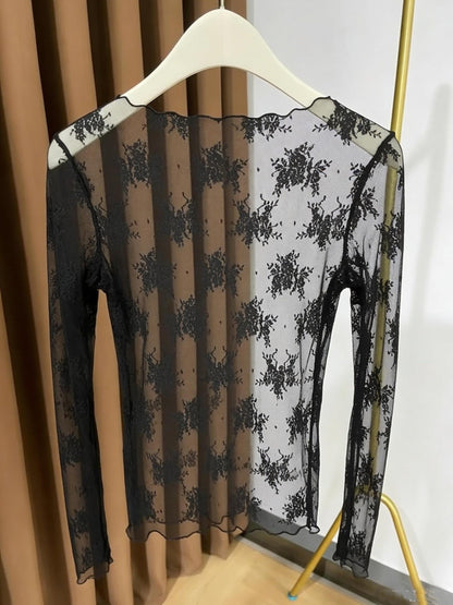 Dam Topp med Lång Ärm och Broderade Blommor – Elegant Transparent Festblus