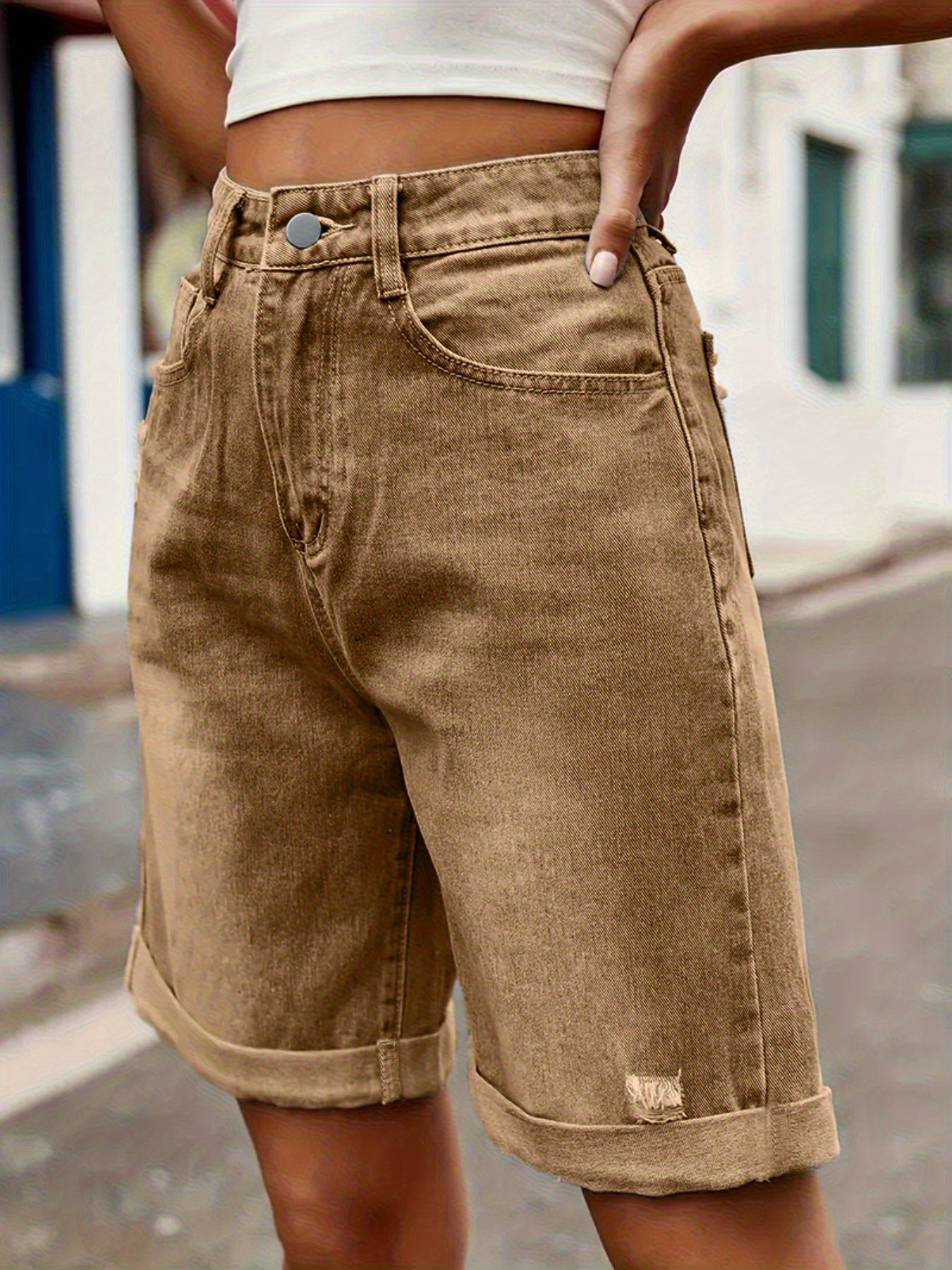 Damers avslappnade cykelshorts i denim med hög midja – sommarstil för vardagsbruk