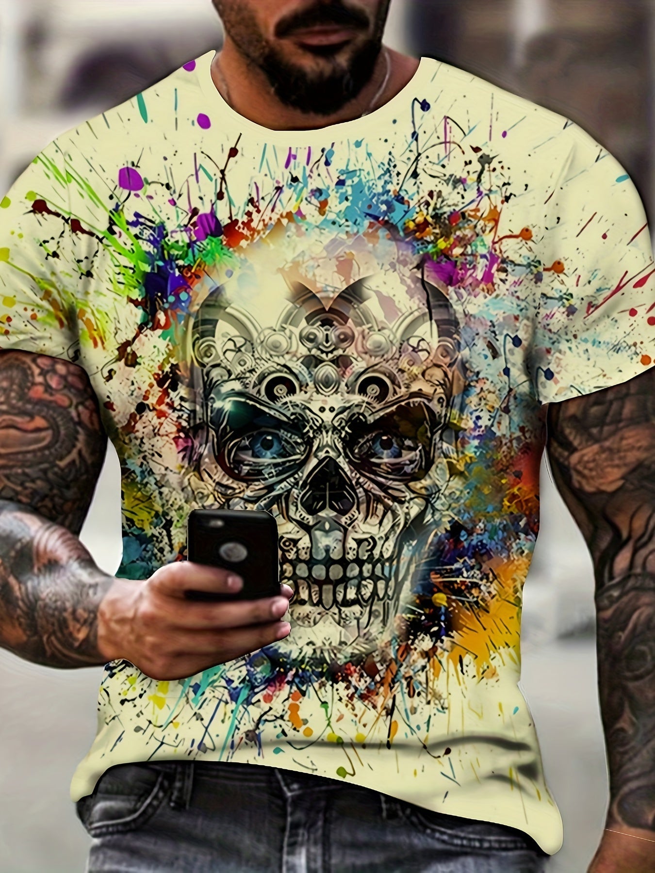 Herr T-shirt med färgstarkt dödskalletryck, streetwear-stil, kortärmad, plus size