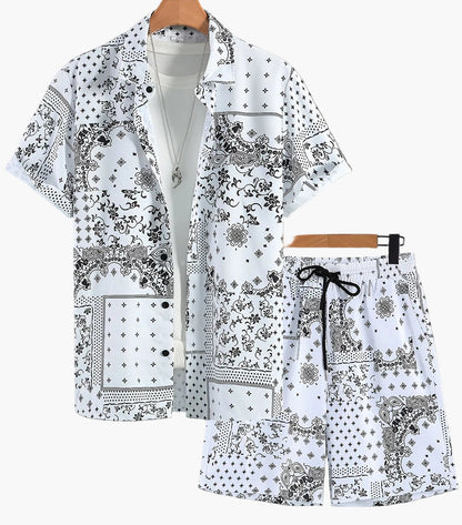 Herr Bandana-Set med Skjorta och Shorts – Avslappnad Sommarstil, Paisleymönster, Perfekt för Semester och Fritid