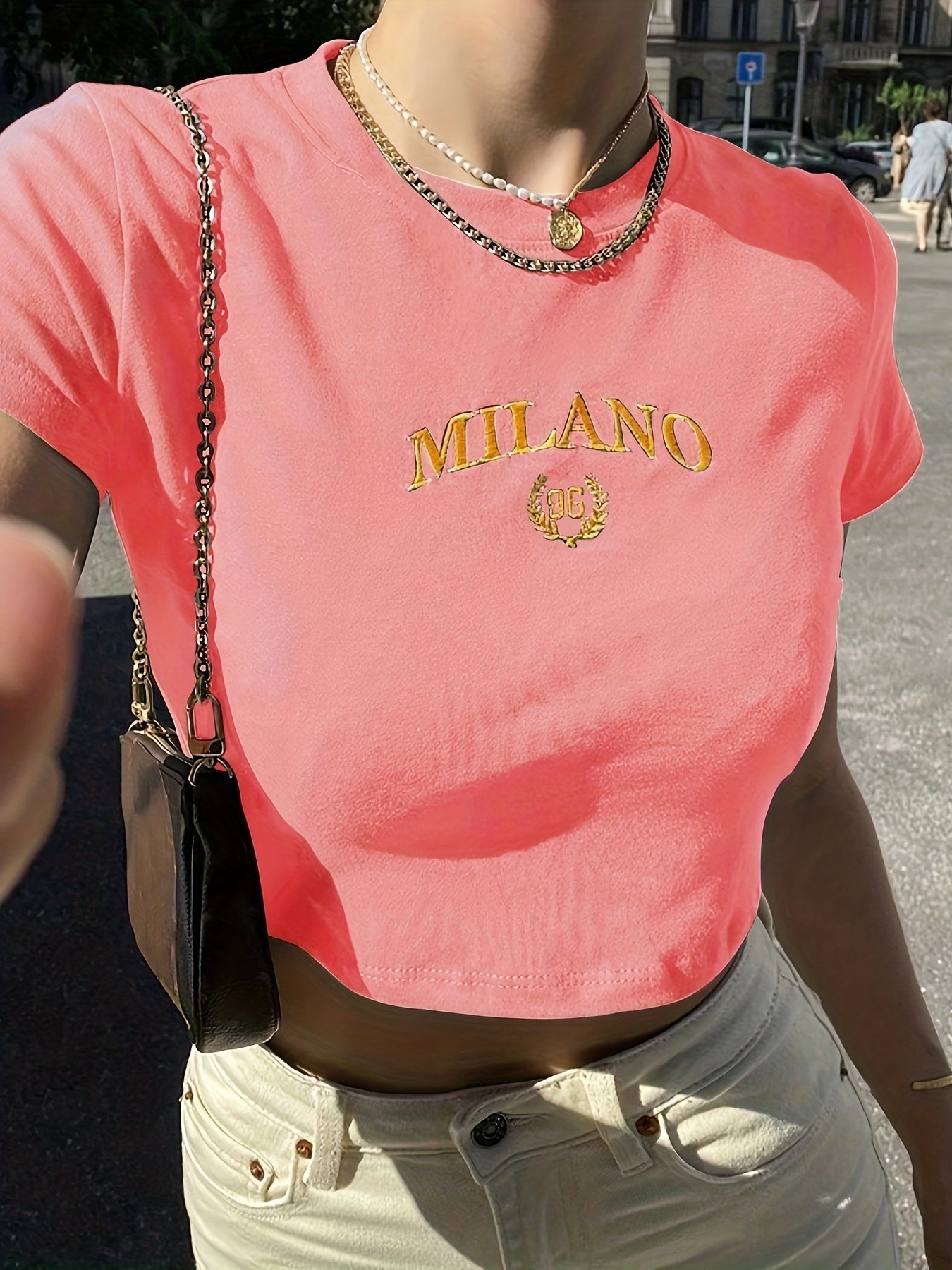 Dam T-shirt Cropped Milano Broderad Trendig Sommar Y2K