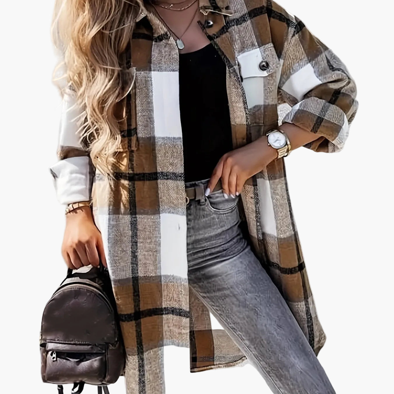 Dam Skjortjacka Lång Oversize Rutig Casual Vår/Höst