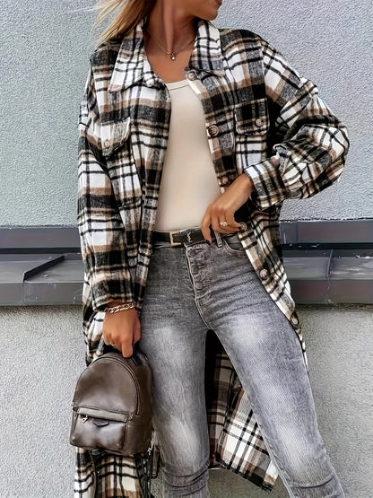 Dam Skjortjacka Lång Oversize Rutig Casual Vår/Höst