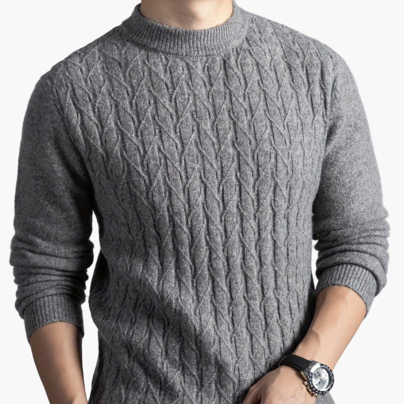 Herrtröja med kabelstickad design – Elegant vardagsstil, lång ärm, höst/vinter