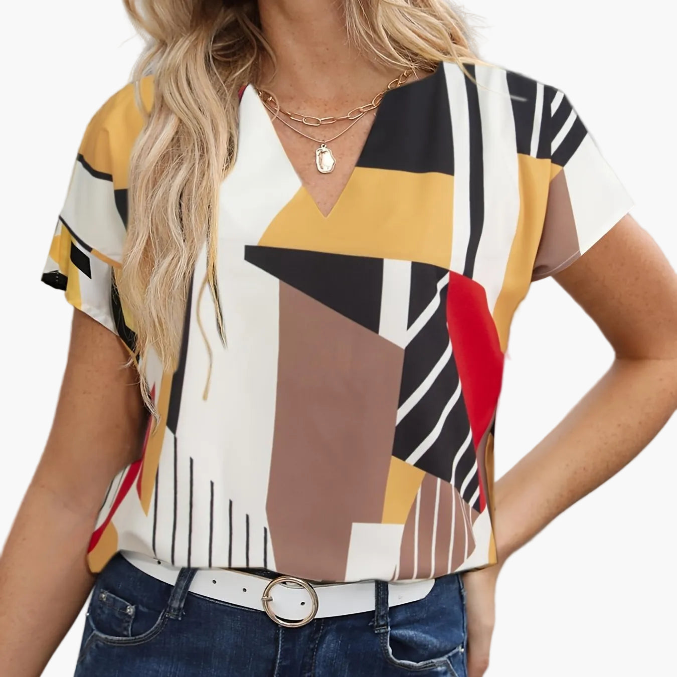 Dam Blus Geometriskt Mönster V-ringad Elegant Sommarblus Kontorsstil