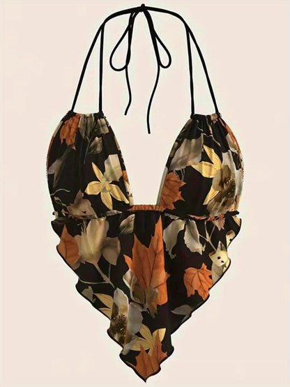 Dam Body – Djup V-ringning, Halterneck, Retro Blommig, Trendig Sommartopp