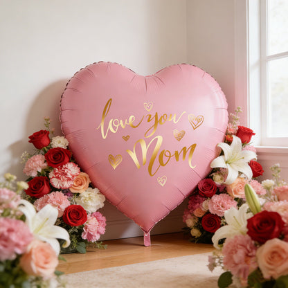 Jättehjärtformad ballong med text 'Love You Mom' – Perfekt present till mamma och festdekoration