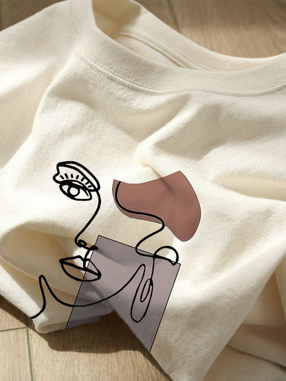 Dam T-shirt med abstrakt ansikte och modern konststil – casual för vår och sommar