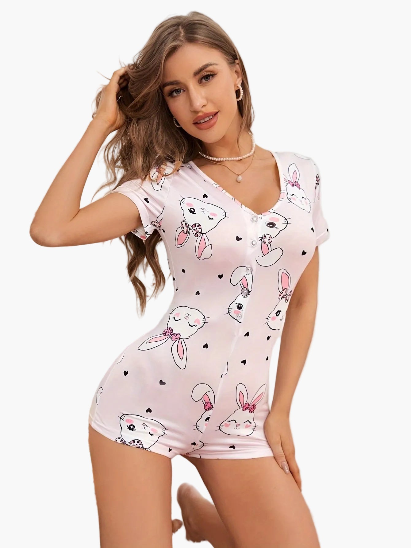 Dam Pyjamas Romper med Kaninmotiv och Hjärtan – Söt och Bekväm Kortärmad Sovplagg