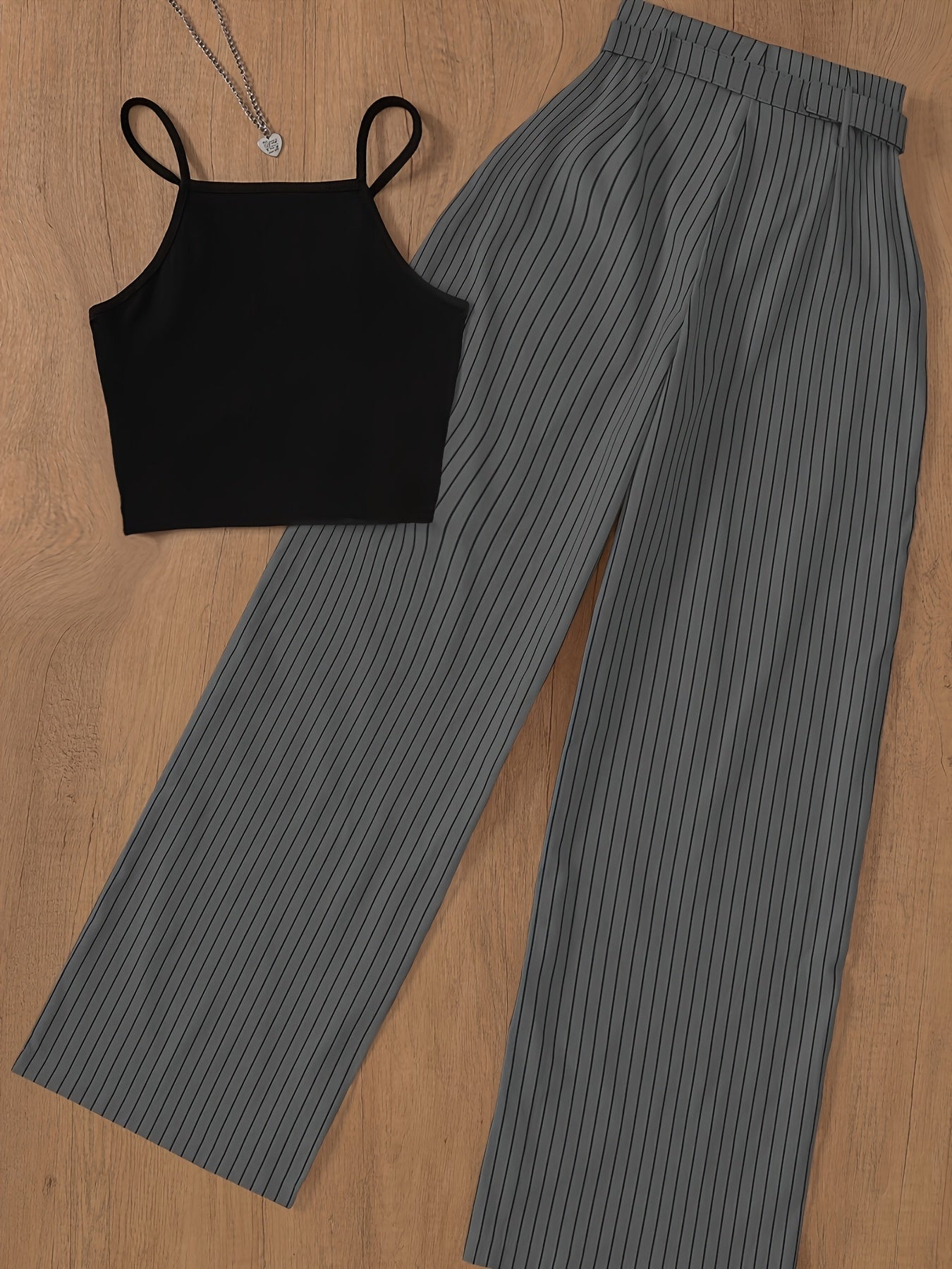 Dam Set: Elegant Randigt Byxor och Crop Top för Vår/Sommar – Perfekt för Kontor och Fest