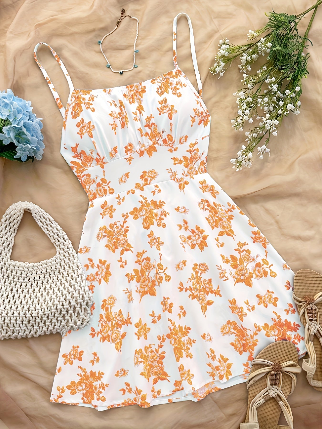 Damklänning med Blommigt Mönster och Spaghettiband – Perfekt för Sommar och Semester