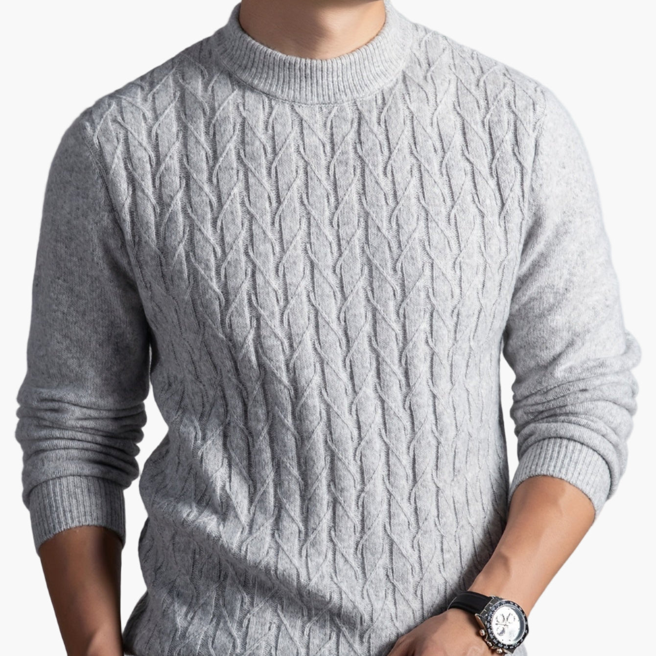 Herrtröja med kabelstickad design – Elegant vardagsstil, lång ärm, höst/vinter