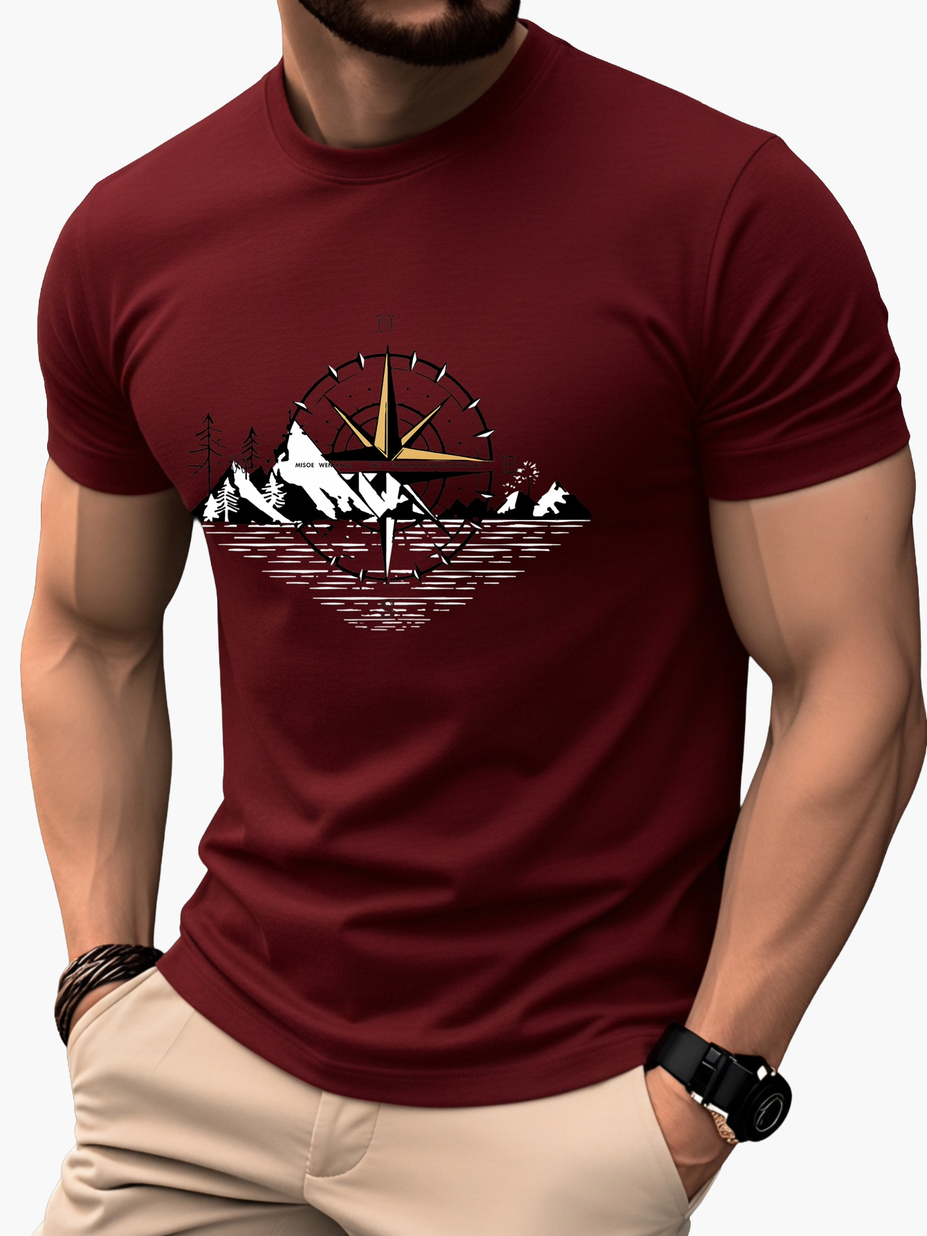 Herr T-shirt med kompass och berg – Äventyrsdesign för friluftsliv och vardag