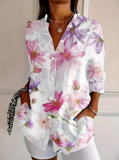 Dam Blommig Långärmad Skjorta – Elegant Vår/Sommar Stil för Avslappnad och Trendig Look