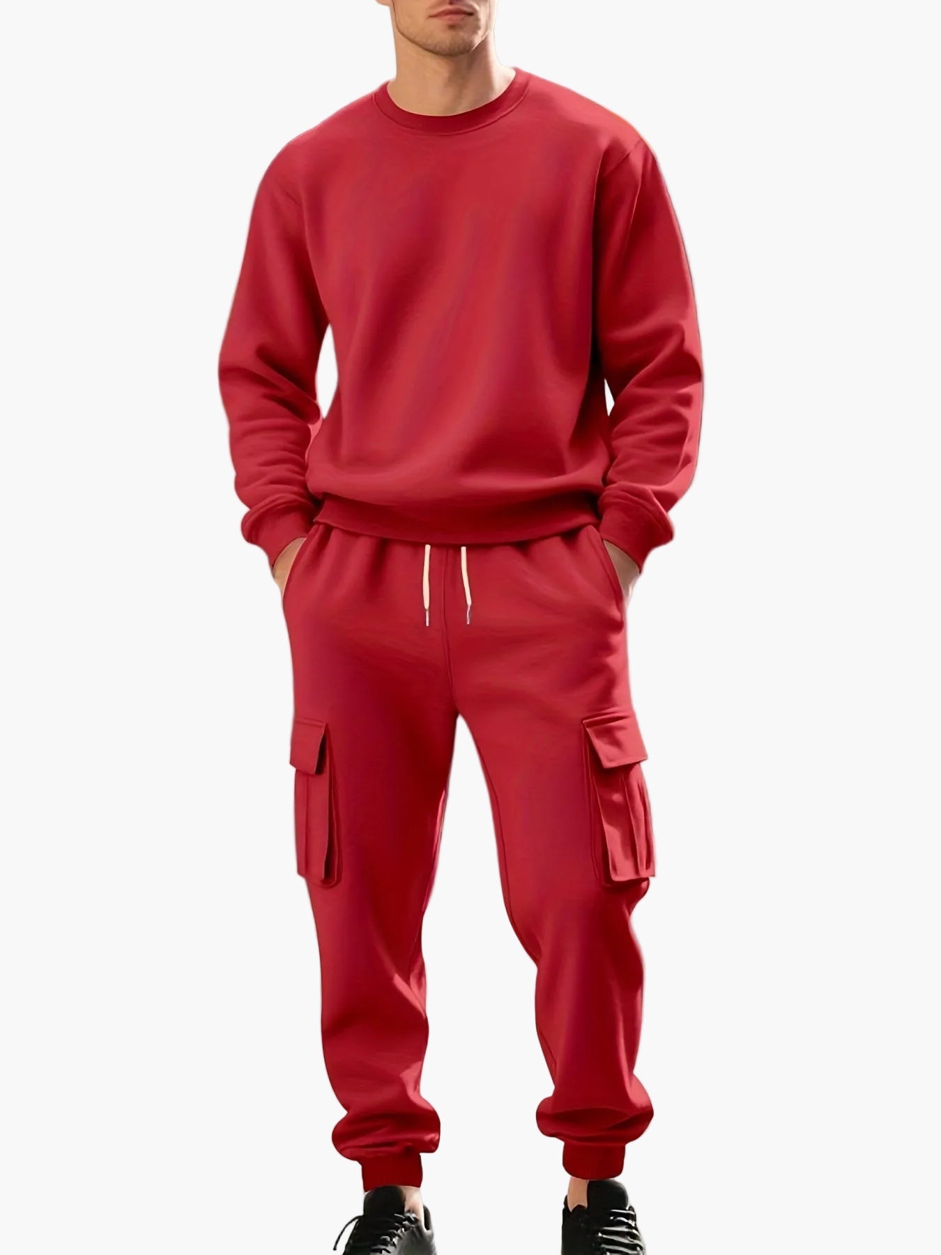 Herr Sportig Joggingdräkt Set med Cargo Byxor och Trendig Sweatshirt Fritidskläder