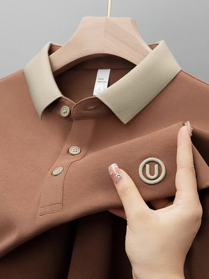 Herr Pikétröja Klassisk Casual med Kontrastkrage och Broderad Logotyp - Stilren för Vardag och Fritid