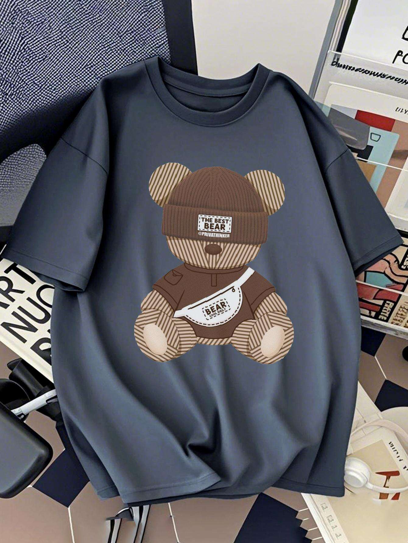 Herr T-shirt Streetwear med Tryck – Trendig Björn Urban Stil Kortärmad Top