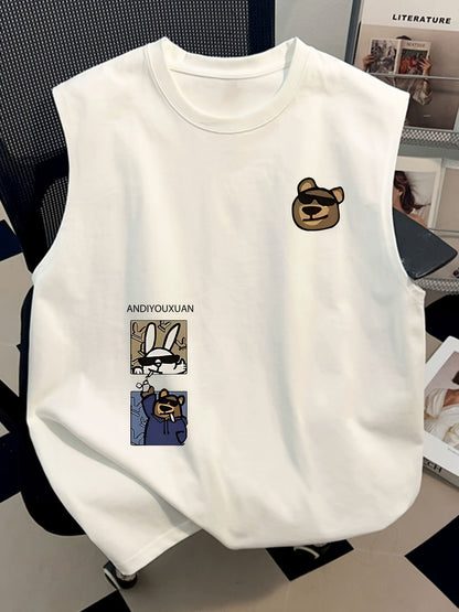 Herrarnas ärmlösa streetwear-topp med tecknad grafik och avslappnad stil