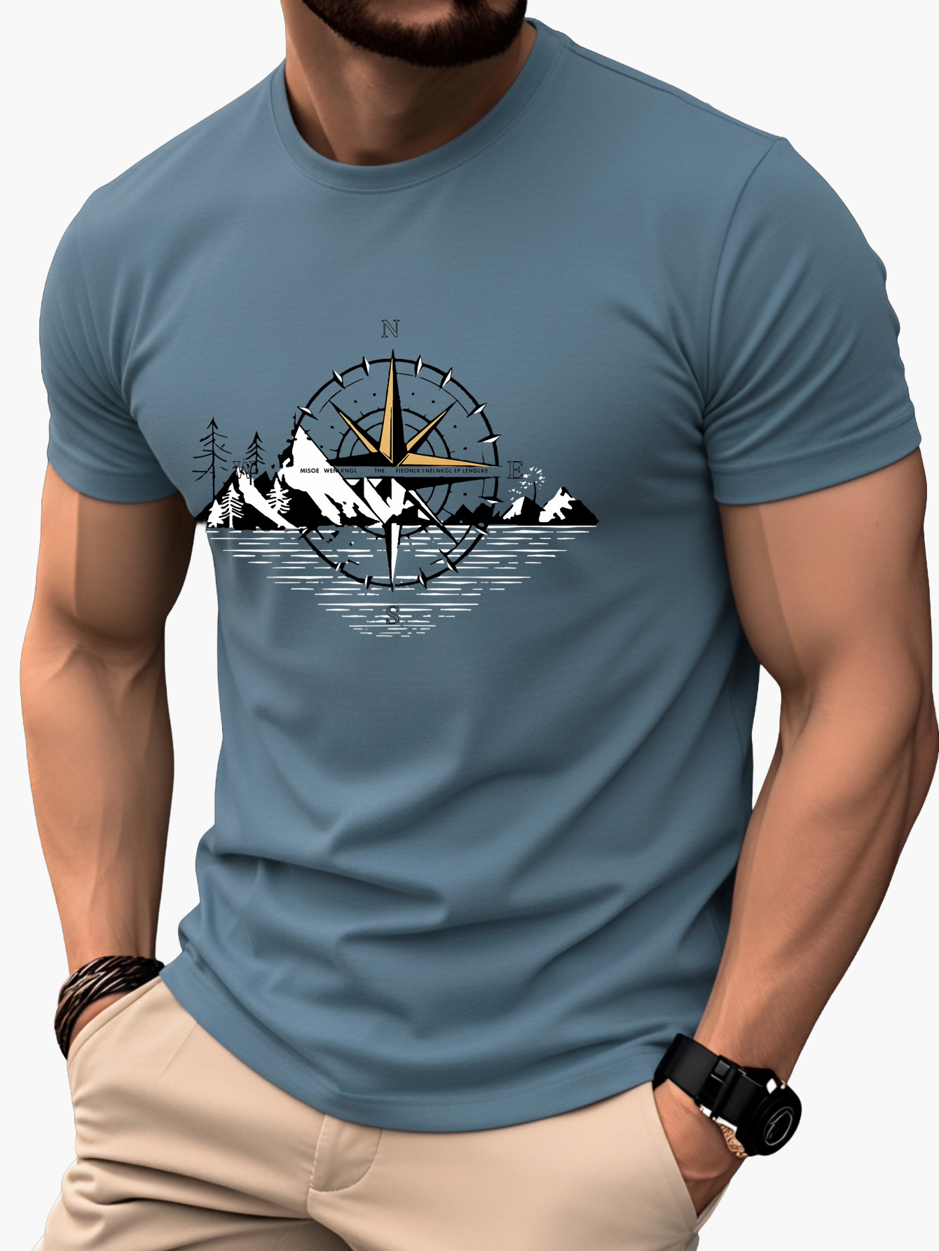 Herr T-shirt med kompass och berg – Äventyrsdesign för friluftsliv och vardag