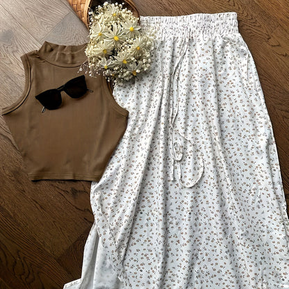 Dam Set med Ärmös Topp och Blommig Kjol – Trendig Tvådelad Outfit för Vår och Sommar