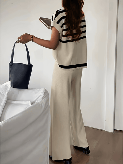 Dam Set Elegant Randig Topp och Vida Byxor för Vår/Sommar - Avslappnad Chic Outfit