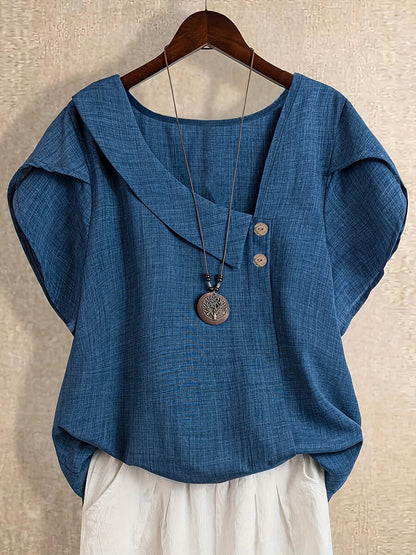 Dam Kortärmad Tunika Blus med Asymmetrisk Krage och Knappdetalj – Elegant och Avslappnad Stil