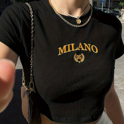 Dam T-shirt Cropped Milano Broderad Trendig Sommar Y2K