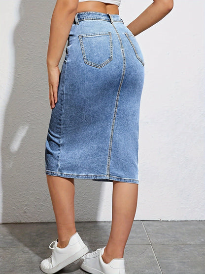 Dam Kjol Midi Slits Casual Denim Look Perfekt för Vardag och Sommar