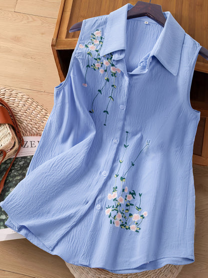Dam Ärmlös Elegant Blus med Broderade Blommor – Perfekt För Vardag och Kontor