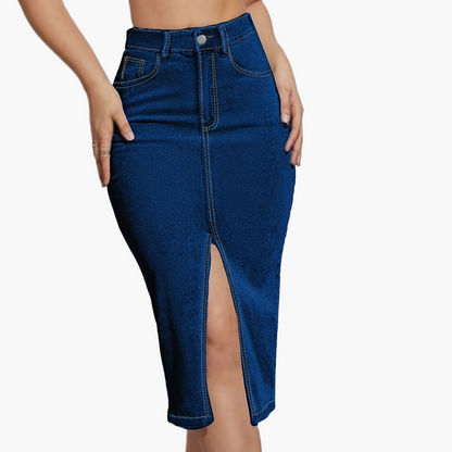 Dam Kjol Midi Slits Casual Denim Look Perfekt för Vardag och Sommar