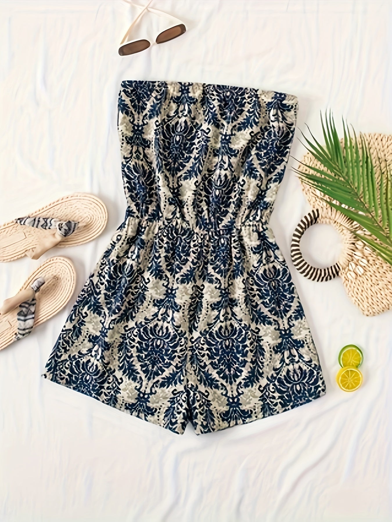 Damernas strapless damastmönstrad romper – elegant sommarstil för semester och vardag