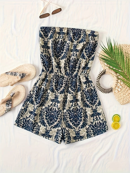 Damernas strapless damastmönstrad romper – elegant sommarstil för semester och vardag